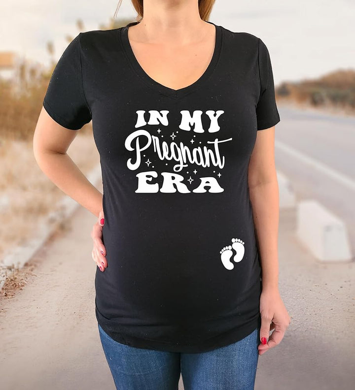  a woman with a unique maternity shirt