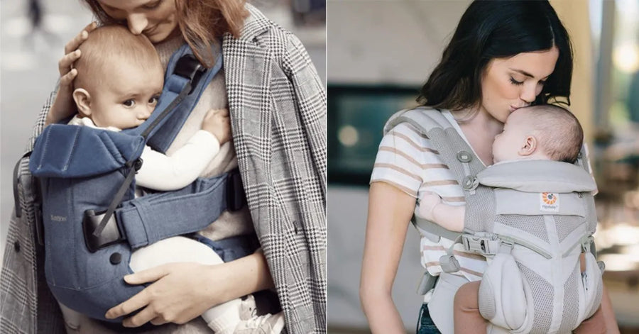 two photos comparing the Babybjörn Carrier One vs Ergobaby Omni 360