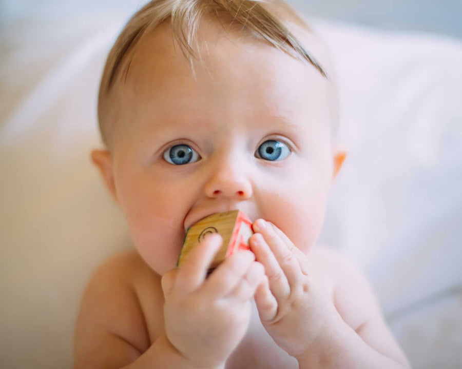 baby with blue eyes chewing on a wooden block