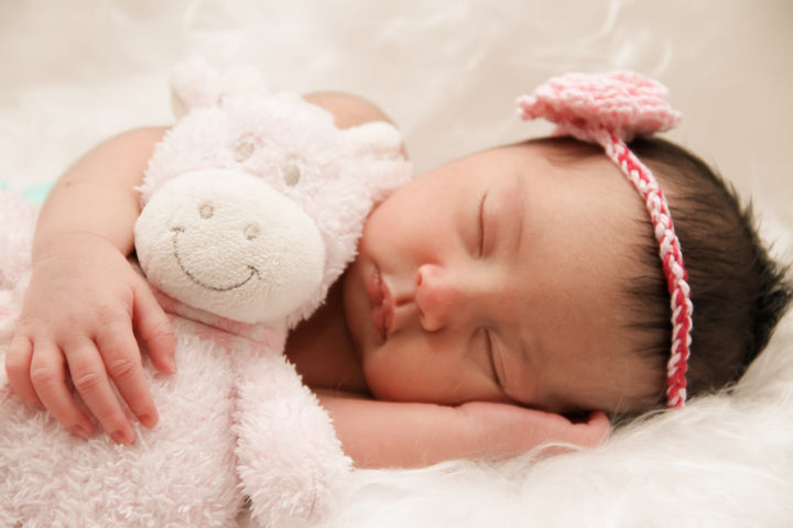 Sleeping baby girl holding giraffe 