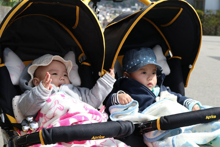 two babies in a double stroller